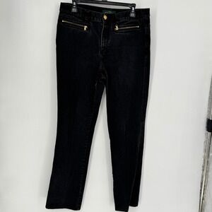 Lauren Ralph Lauren Black Straight Leg Jeans Gold Zipper Detail Womens Size 12